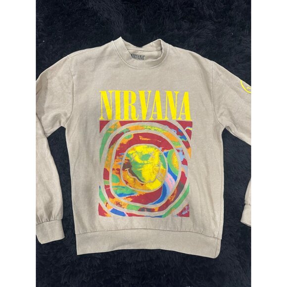 Nirvana Beige Sweatshirt With Yellow Smiley Graphic Print On Front  Size S - Picture 1 of 8
